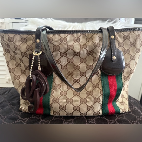 Gucci Beige and Brown Tote with Red and Green Stripes - Picture 1 of 10